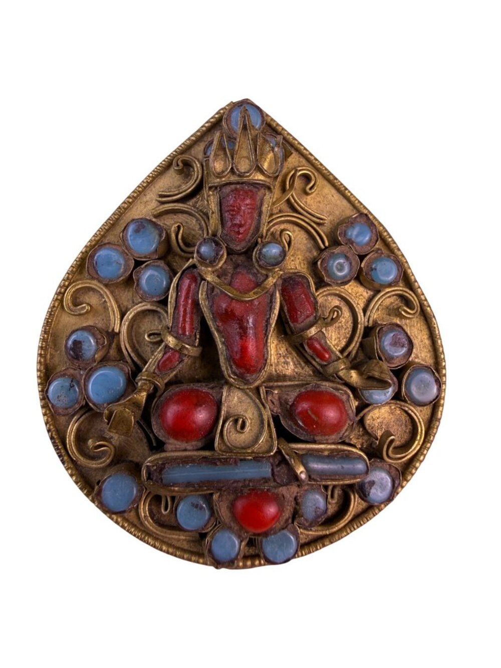Antique Handmade Hindu Brass Goddess Brooch With Coral & Turquoise Pattern - Picture 1 of 3